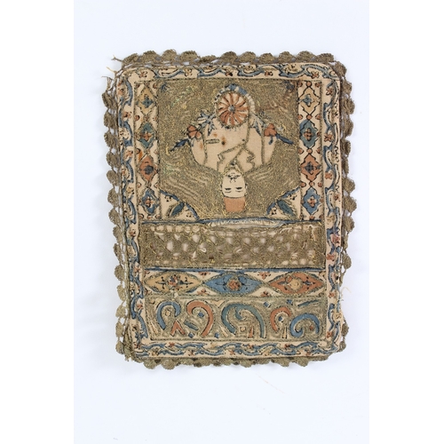 153 - AN 18TH - 19TH CENTURY ISLAMIC EMBROIDERED BAG. 21cms x 16cms.