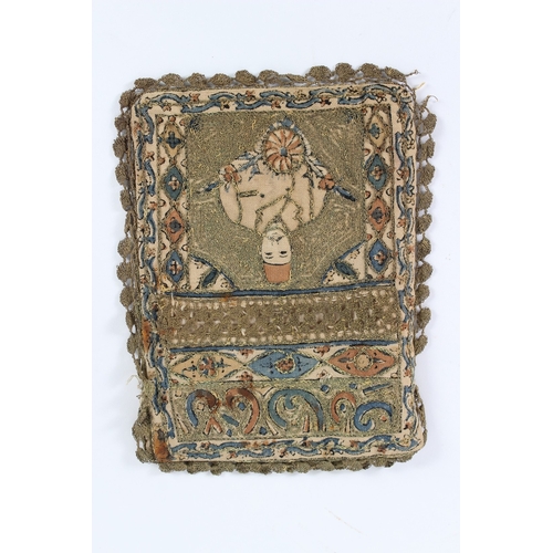 153 - AN 18TH - 19TH CENTURY ISLAMIC EMBROIDERED BAG. 21cms x 16cms.