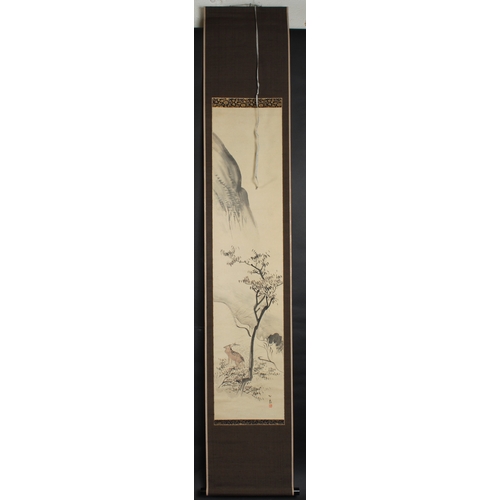 183 - A JAPANESE SCROLL, NANGA SCHOOL 1744-180. Mountains, trees and deer. Image 115cms x 27cms. Signed. I... 