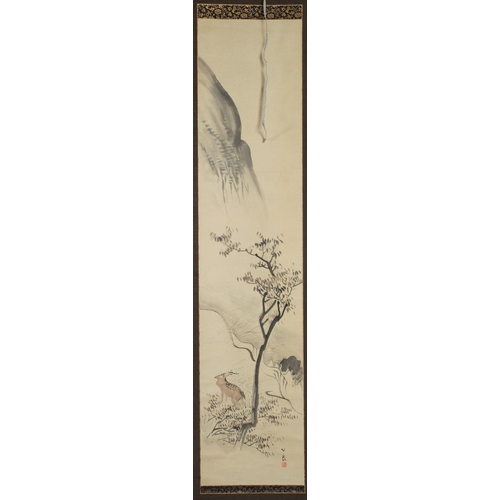 183 - A JAPANESE SCROLL, NANGA SCHOOL 1744-180. Mountains, trees and deer. Image 115cms x 27cms. Signed. I... 