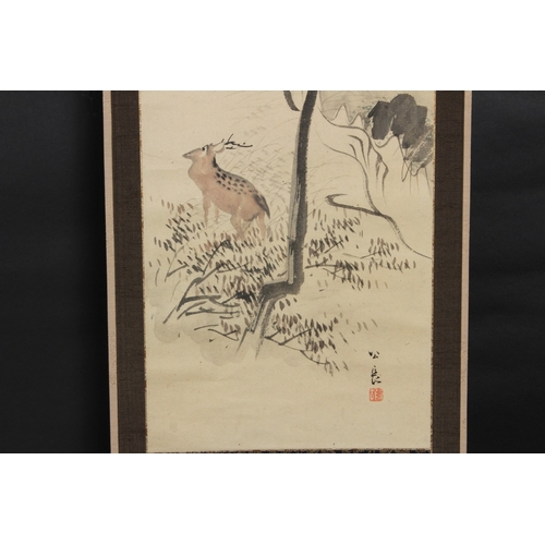 183 - A JAPANESE SCROLL, NANGA SCHOOL 1744-180. Mountains, trees and deer. Image 115cms x 27cms. Signed. I... 