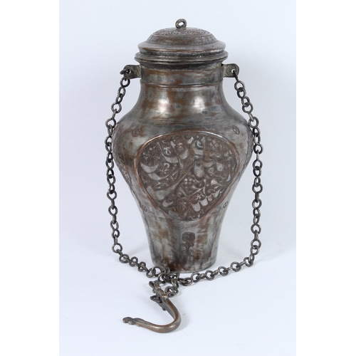 187 - A PERSIAN TINNED COPPER HANGING VESSEL with a lid. TABRIZ 19TH CENTURY. 33cms high.