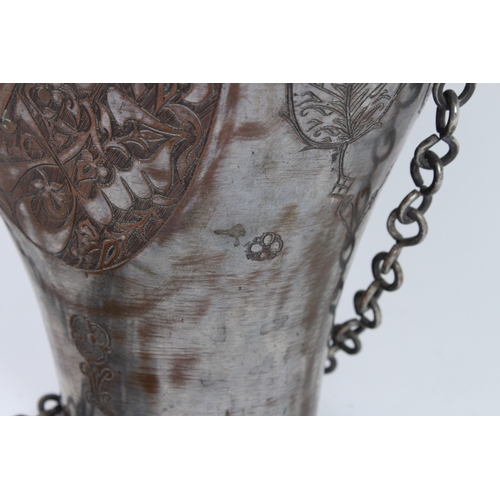 187 - A PERSIAN TINNED COPPER HANGING VESSEL with a lid. TABRIZ 19TH CENTURY. 33cms high.