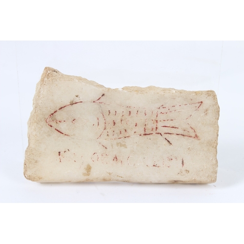 190 - A WHITE MARBLE FRAGMENT Qa'a Ashmoleum, etched with a fish. 9.5cms x 5cms.