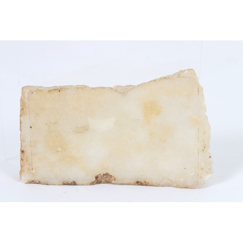 190 - A WHITE MARBLE FRAGMENT Qa'a Ashmoleum, etched with a fish. 9.5cms x 5cms.
