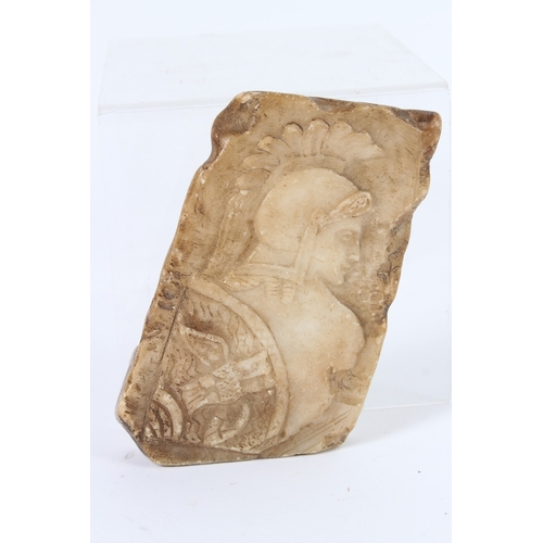 191 - A MARBLE FRAGMENT. GREECE ERGANI ATHENA ART HEAD IN HEART. Roman Greek warrior. 11cms x 7cms.