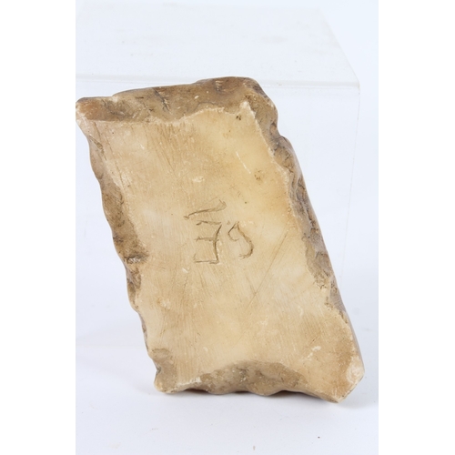 191 - A MARBLE FRAGMENT. GREECE ERGANI ATHENA ART HEAD IN HEART. Roman Greek warrior. 11cms x 7cms.