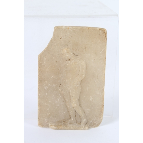 192 - ANCIENT GREEK SEPULCHRAL FRAGMENT, standing nude men. 9.5cms x 6cms.