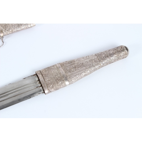 199 - AN OMANI SOLID SILVER CASED SWORD. 100cms long.