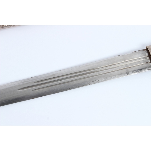 199 - AN OMANI SOLID SILVER CASED SWORD. 100cms long.
