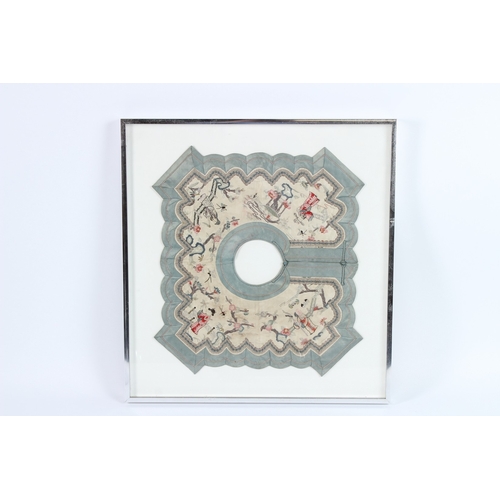 204 - A GOOD CHINESE SQUARE SHAPED SILKWORK PANEL with figures and flowers. 36cms square, framed and glaze... 