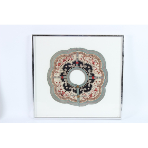 205 - A GOOD CHINESE SQUARE SHAPED SILKWORK PANEL with figures and flowers. 34cms square, framed and glaze... 