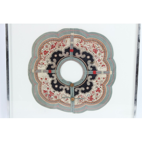 205 - A GOOD CHINESE SQUARE SHAPED SILKWORK PANEL with figures and flowers. 34cms square, framed and glaze... 