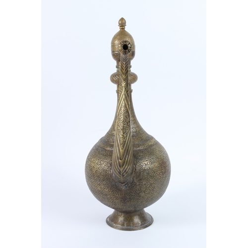 213 - A FINE AND LARGE 19TH CENTURY CENTRAL ASIAN BUKHARA ENGRAVED BRASS EWER. 46cms high.