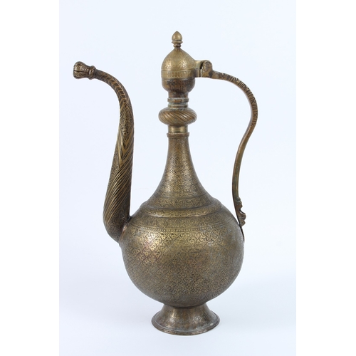213 - A FINE AND LARGE 19TH CENTURY CENTRAL ASIAN BUKHARA ENGRAVED BRASS EWER. 46cms high.