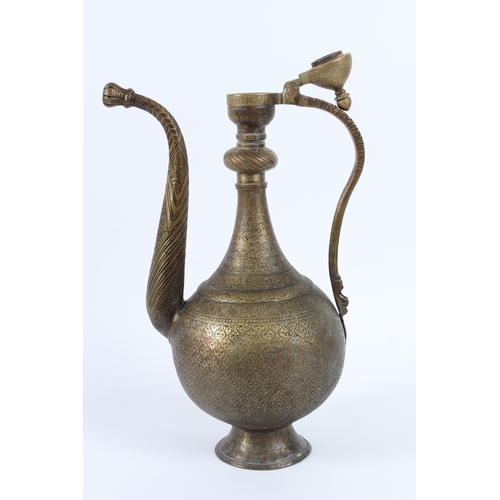 213 - A FINE AND LARGE 19TH CENTURY CENTRAL ASIAN BUKHARA ENGRAVED BRASS EWER. 46cms high.