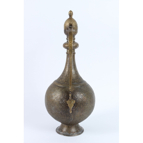 213 - A FINE AND LARGE 19TH CENTURY CENTRAL ASIAN BUKHARA ENGRAVED BRASS EWER. 46cms high.