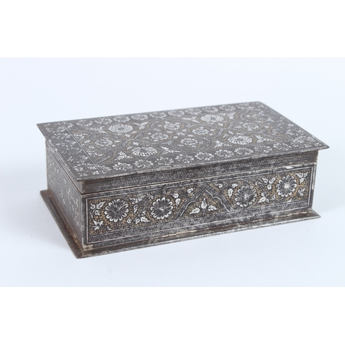 222 - A FINE 19TH CENTURY INDIAN SIALKOT KOFTGARI SILVER AND GOLD INLAID IRON BOX. 18cms long x 10cms wide... 