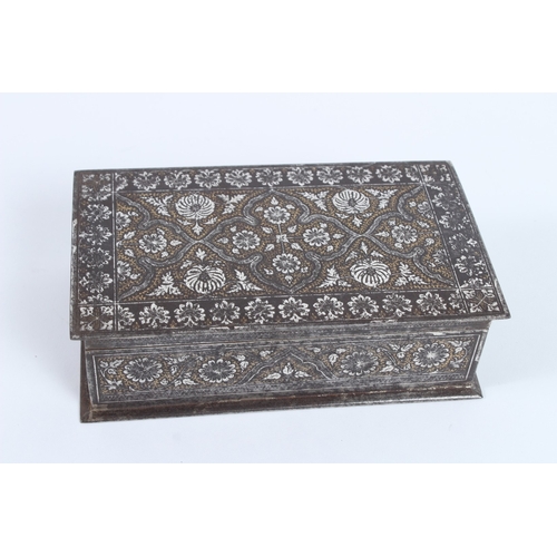 222 - A FINE 19TH CENTURY INDIAN SIALKOT KOFTGARI SILVER AND GOLD INLAID IRON BOX. 18cms long x 10cms wide... 