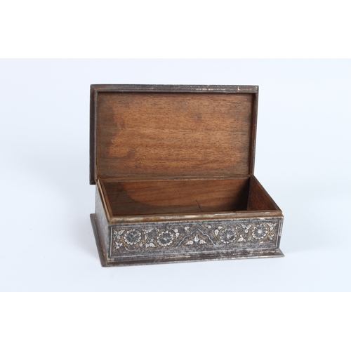 222 - A FINE 19TH CENTURY INDIAN SIALKOT KOFTGARI SILVER AND GOLD INLAID IRON BOX. 18cms long x 10cms wide... 