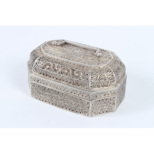 223 - A VERY FINE 19TH CENTURY INDIAN FILIGREE WHITE METAL BOX. 14ozs.