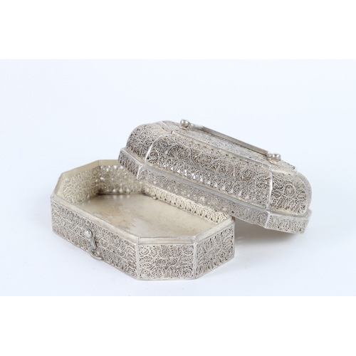 223 - A VERY FINE 19TH CENTURY INDIAN FILIGREE WHITE METAL BOX. 14ozs.