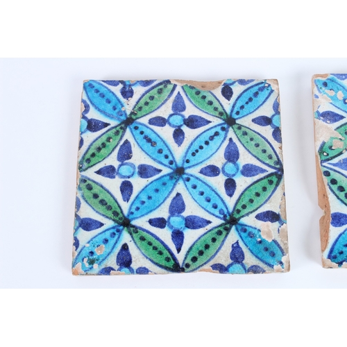 228 - TWO 19TH CENTURY INDIAN MULTAN TILES. 19cms x 19cms.