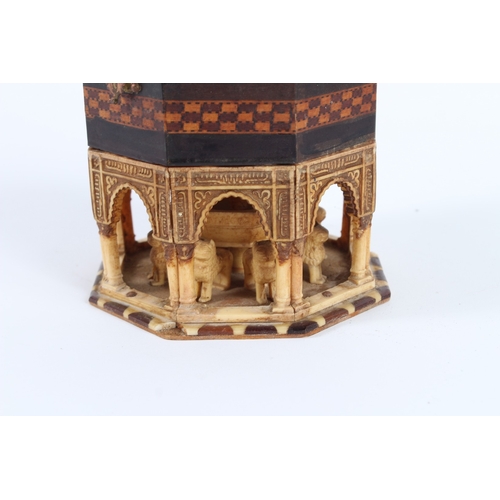 230 - AN EARLY 20TH CENTURY MOORISH SPANISH INLAID BOX with Alhambra fountain design. 11cms.