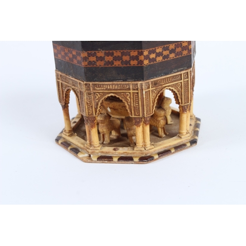 230 - AN EARLY 20TH CENTURY MOORISH SPANISH INLAID BOX with Alhambra fountain design. 11cms.