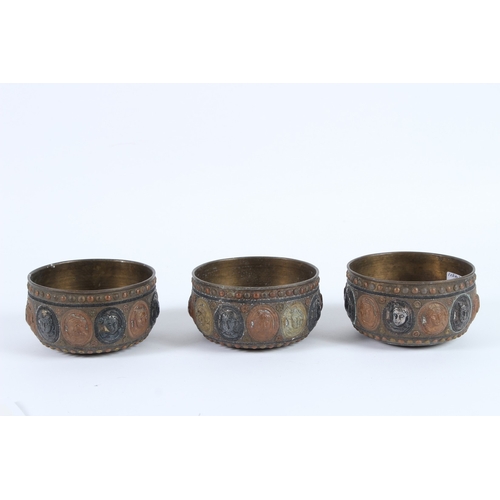 231 - THREE 19TH CENTURY INDIAN TANJORE SILVER AND COPPER INLAID BRASS BOWLS with figural decoration. 11cm... 