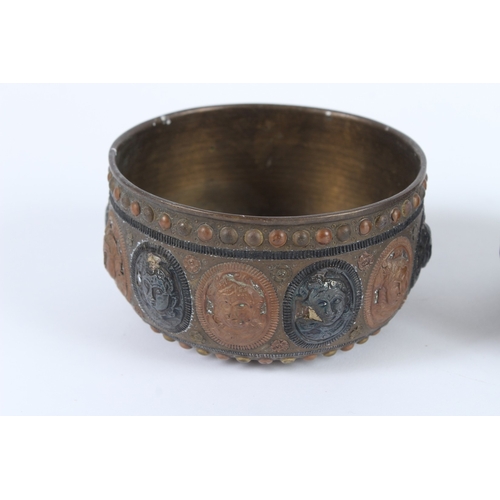 231 - THREE 19TH CENTURY INDIAN TANJORE SILVER AND COPPER INLAID BRASS BOWLS with figural decoration. 11cm... 