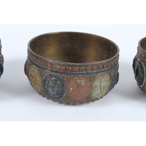 231 - THREE 19TH CENTURY INDIAN TANJORE SILVER AND COPPER INLAID BRASS BOWLS with figural decoration. 11cm... 