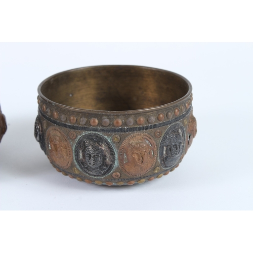231 - THREE 19TH CENTURY INDIAN TANJORE SILVER AND COPPER INLAID BRASS BOWLS with figural decoration. 11cm... 
