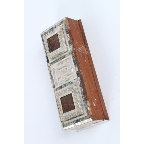 234 - A 19TH CENTURY HOLY LAND JERUSALEM MOTHER-OF-PEARL CLAD WOODEN INKWELL STAND. 26cms high.