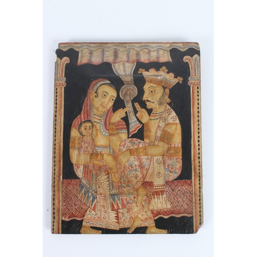 238 - A FINELY PAINTED INDIAN WOODEN PANEL. 28cms x 22cms.