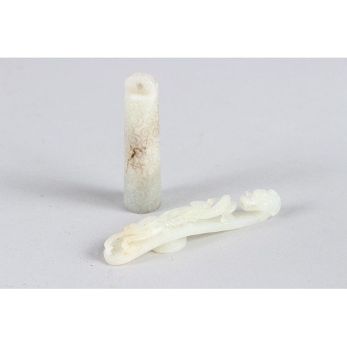 66 - A SMALL CHINESE 18TH CENTURY JADE PIECE. 10cms long and a PENDANT, 7cms  (2).