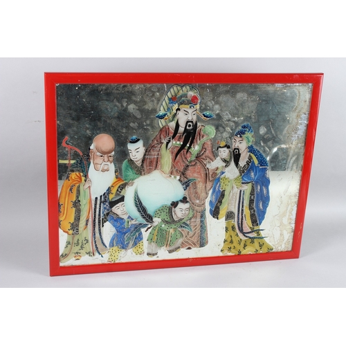 68 - A GOOD CHINESE MIRROR PICTURE with figures. 42cms x 55cms.