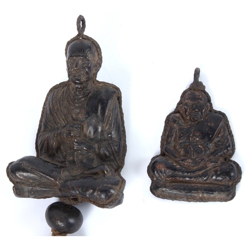 189 - A RARE SMALL LEATHER DEITY or MONK. 19th Century TIBETAN, with tassel, 12cms high, and a MONK, 8cms ... 