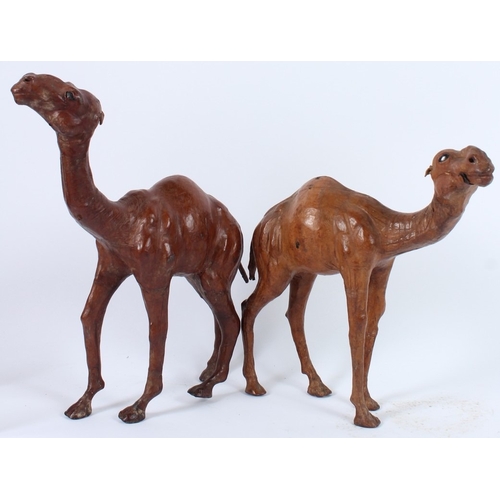 198 - TWO LIBERTY OF LONDON LEATHER CAMELS. 36cms and 30cms high.