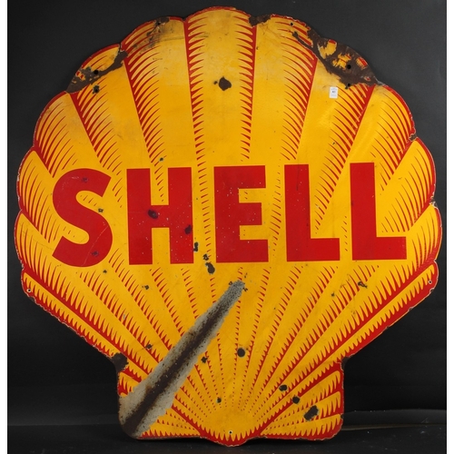 A LARGE VINTAGE DOUBLE SIDED SHELL SHAPED ENAMEL SIGN. 2m 2cms x 1m 6cms.