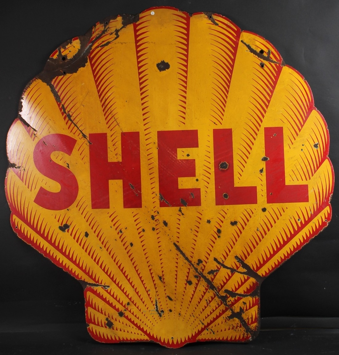 A LARGE VINTAGE DOUBLE SIDED SHELL SHAPED ENAMEL SIGN. 2m 2cms x 1m 6cms.