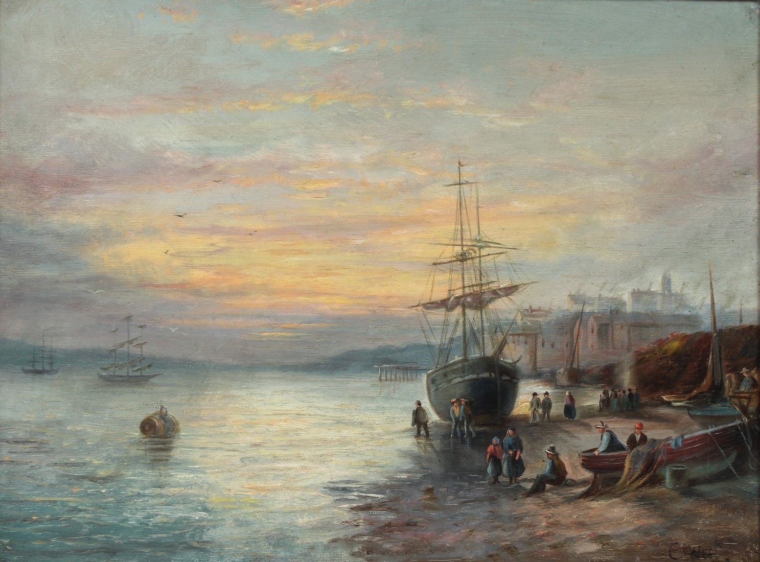 C WEST (19TH CENTURY) Coastal view with moored fishing boats and ...