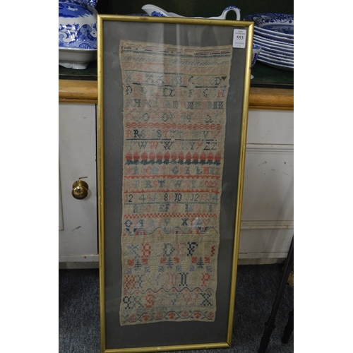 553 - Three 19th century framed and glazed alphabet samplers.