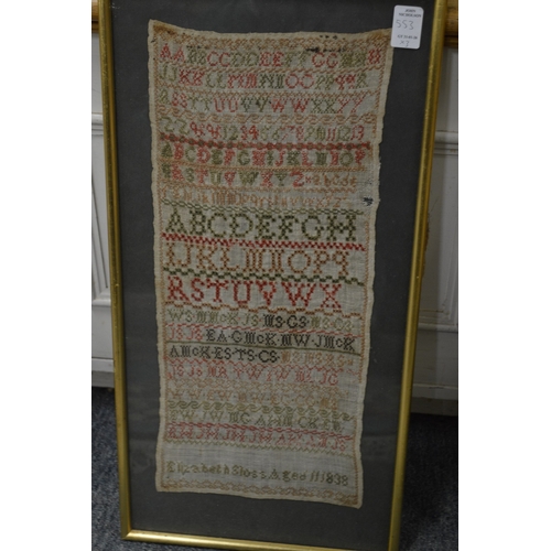553 - Three 19th century framed and glazed alphabet samplers.