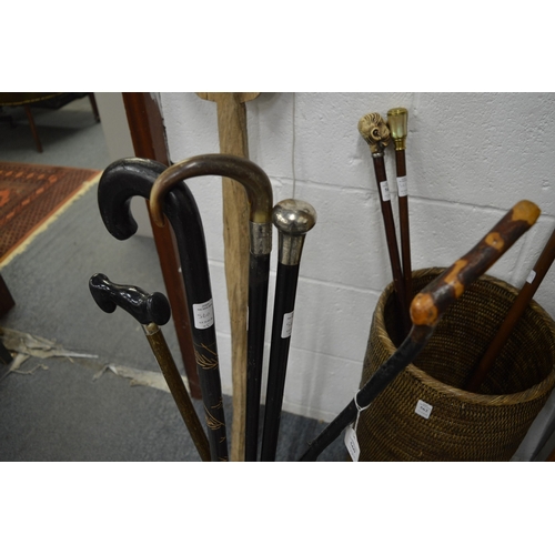 560 - Five various walking sticks in a glass jar/stick stand.