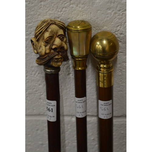 561 - Three decorative walking sticks to include a modern tipple stick.