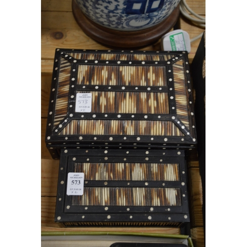 573 - Two porcupine quill boxes.