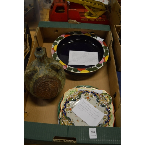 584 - A French Rouen dish, Bursley ware bowl, salt glazed bottle vase and other items.
