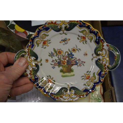 584 - A French Rouen dish, Bursley ware bowl, salt glazed bottle vase and other items.