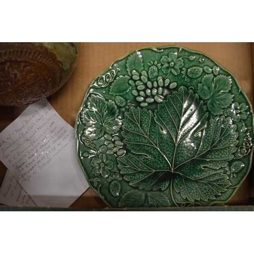 584 - A French Rouen dish, Bursley ware bowl, salt glazed bottle vase and other items.